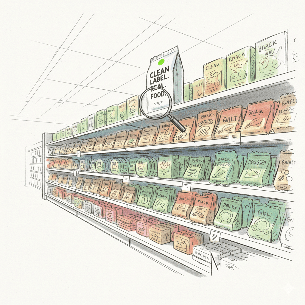 Grocery store shelf with a magnifying glass highlighting clean label products