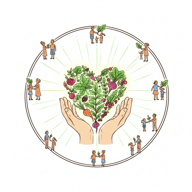 Community and nourishment — hands holding food surrounded by people
